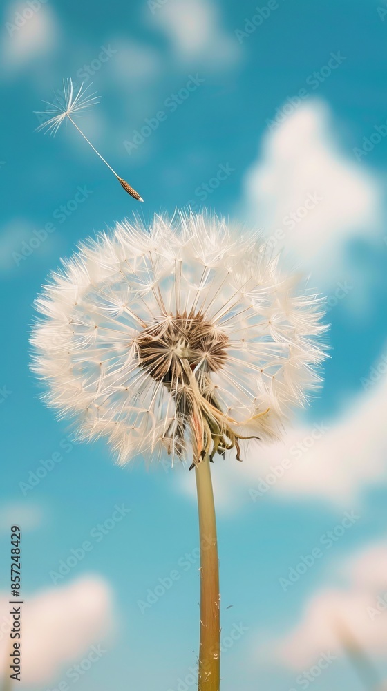 Obraz premium Close-up of a dandelion with single seed in flight against blue sky, nature and growth concept