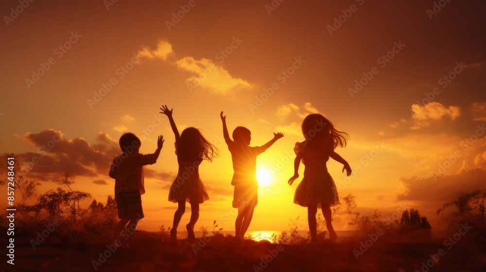 Silhouette of children playing at sunset with arms raised, set against a vibrant orange sky with scattered clouds, creating a joyful and carefree atmosphere. Silhouette of children playing at sunset with arms raised, set against a vibrant orange sky with scattered clouds, creating a joyful and carefree atmosphere.