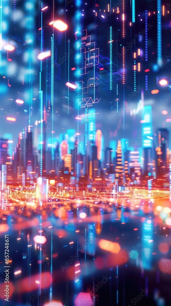 Fototapeta premium Futuristic cityscape at night with vibrant neon lights, digital elements, and a high-tech atmosphere showcasing modern urban life.