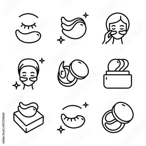 Eye gel patches line icons set. Simple illustrations of eye mask. Trend care products signs collection. Contour isolated vector signs set on white background.