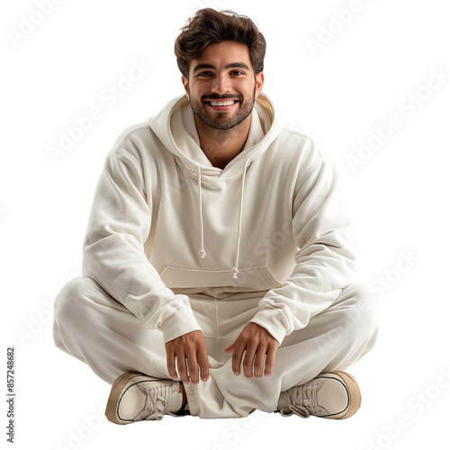 Front view full body shot of an extremely handsome Caucasian man in a graphic hoodie and sweatpants with slides sitting on the floor, smiling and isolated on a white transparent background photo