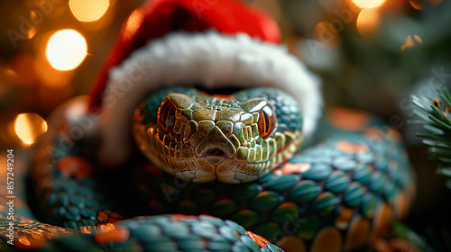 Close up of a Green Snake in a Red Santa Hat on Christmas Decor Background. The Snake is the Symbol of the Chinese New Year 2025  © mariapom