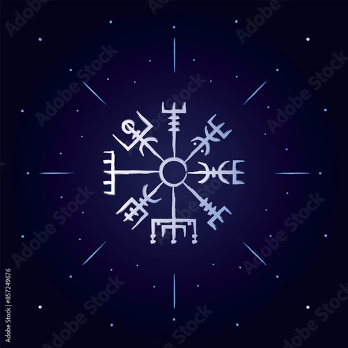 Hand drawn full editable norse symbol of vegvisir also known as viking compass.	
