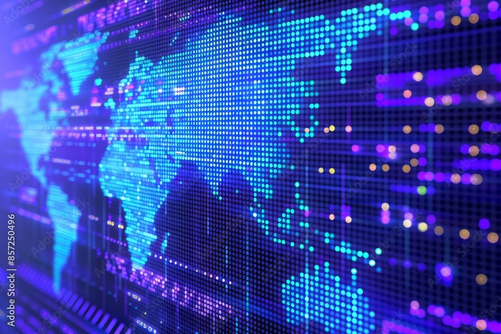 Digital world map with business data points and abstract technology background Digital world map with business data points and abstract technology background