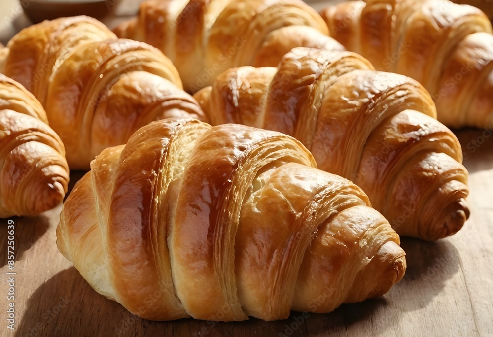 Fresh croissants on wooden table close-up Fresh croissants on wooden table close-up