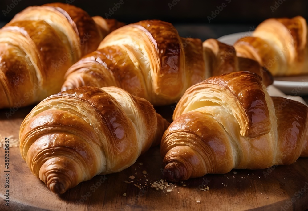 Fresh croissants on wooden table close-up Fresh croissants on wooden table close-up