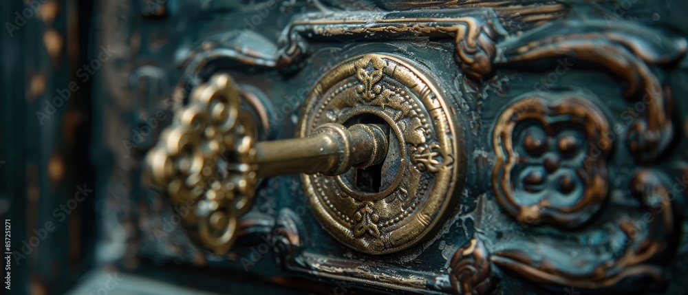 Close-up of an antique key in a lock