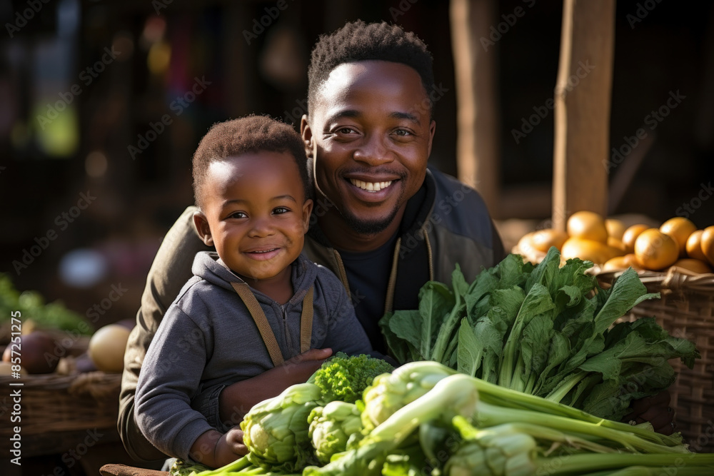 Father and son at farmers market selling fresh vegetables Father and son at farmers market selling fresh vegetables