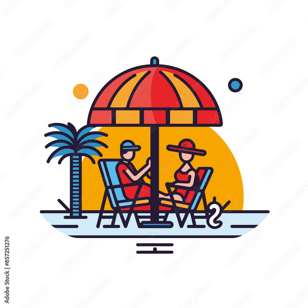 Obraz premium clipart vector illustration of a young couple or friends sitting on deck xchairs with palm tree, parasol, umbrella, sea, sunny