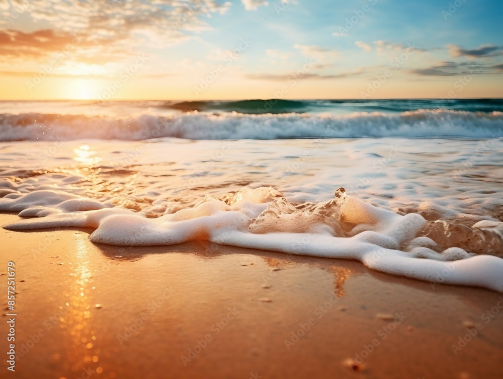 Tranquil Evening Beach Scene with Ocean Foam. Generative AI