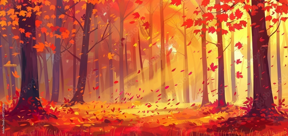 The image shows a beautiful autumn forest with red and yellow leaves falling from the trees. The image shows a beautiful autumn forest with red and yellow leaves falling from the trees.