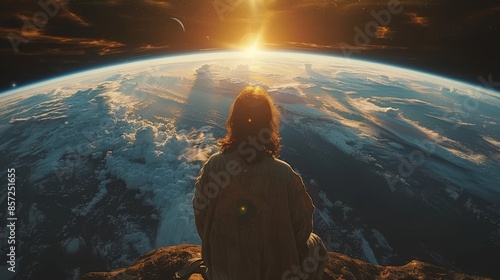 Jesus as the redeemer watching over the earth from space