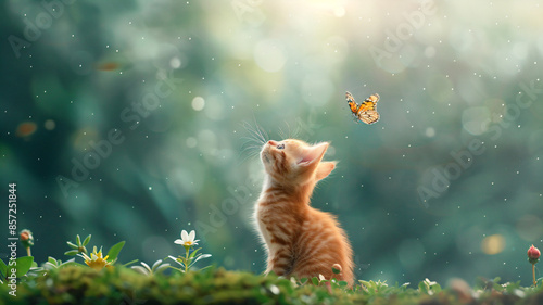 An adorable kitten playing outdoors with butterflies. The outdoor background looks blurry. photo