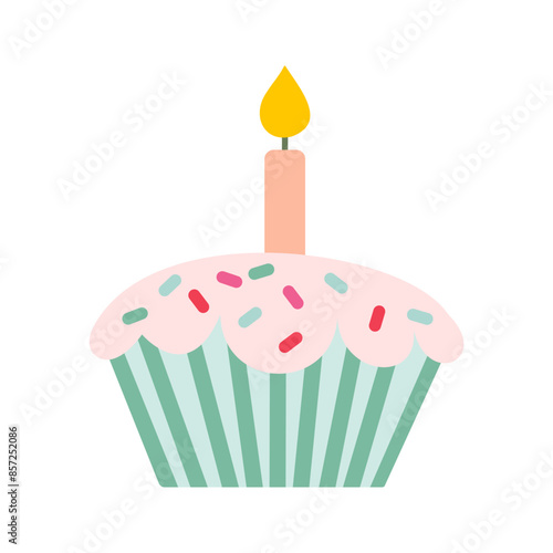 A cupcake with a candle on top, ready to be lit for a birthday celebration. The cupcake is decorated with sprinkles, adding a festive touch to the scene