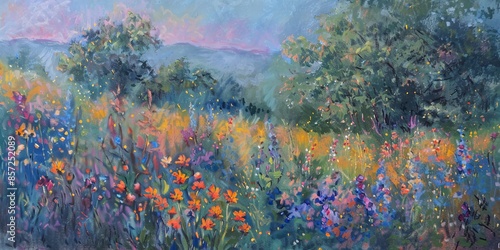 Oil painting of colorful wildflowers in a field with distant trees and mountains in the background.