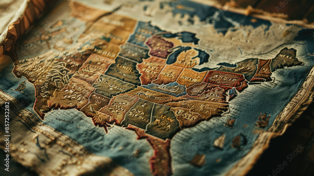 Map of usa embroidered with threads on expensive medieval tapestry Map of usa embroidered with threads on expensive medieval tapestry