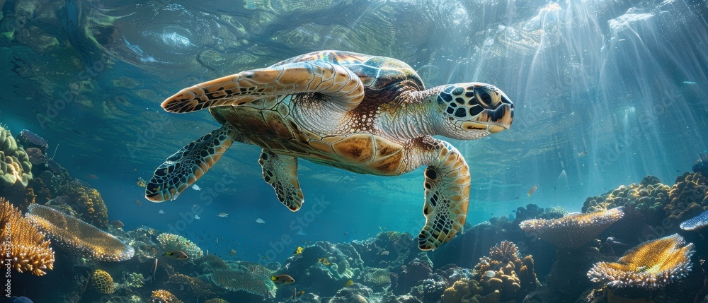 Obraz premium Close-up of sea turtle gliding over a coral garden