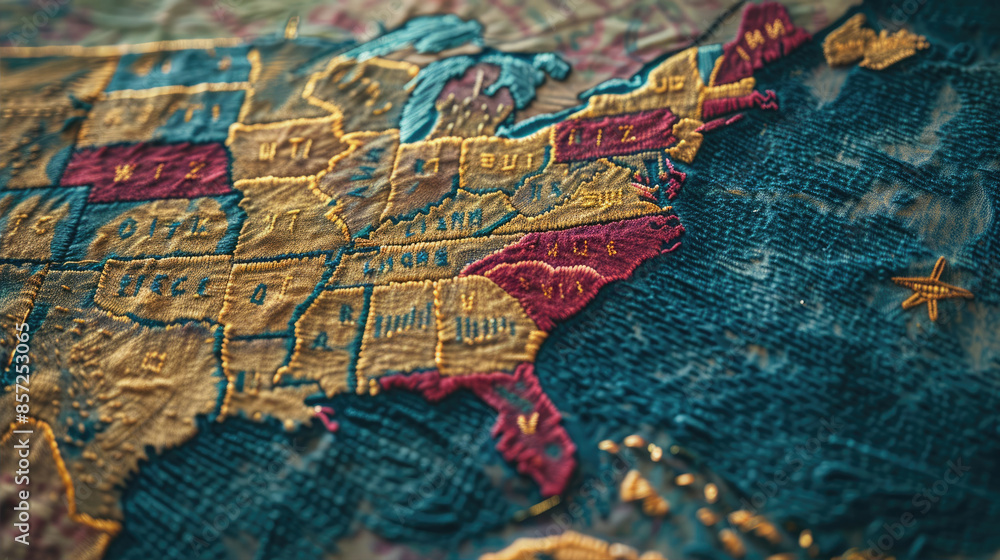 Naklejka premium A beautifully detailed embroidered map of the United States