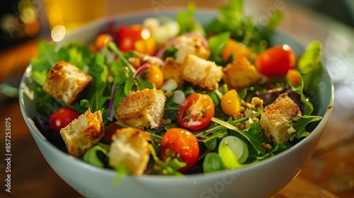 Fresh Green Salad with Cherry Tomatoes and Crunchy Croutons on a White Plate