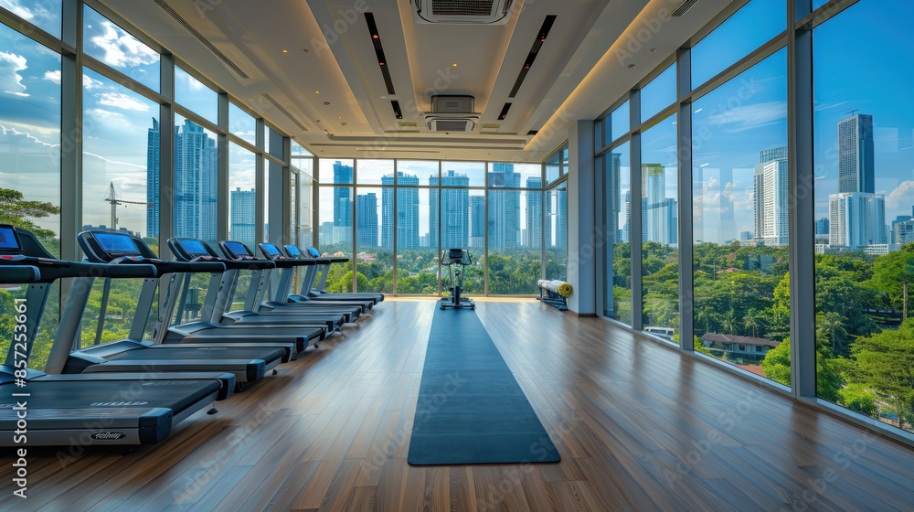 The resort's new fitness room Modern minimalist, bright and airy cityscape, large, linear and airy. The resort's new fitness room Modern minimalist, bright and airy cityscape, large, linear and airy.