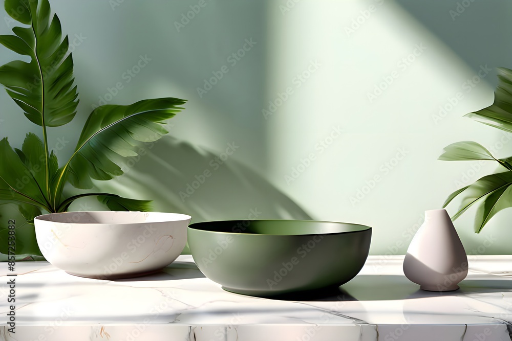 calming arrangement of green plants, white ceramic bowls, and natural light, representing wellness, relaxation, and minimalist decor calming arrangement of green plants, white ceramic bowls, and natural light, representing wellness, relaxation, and minimalist decor