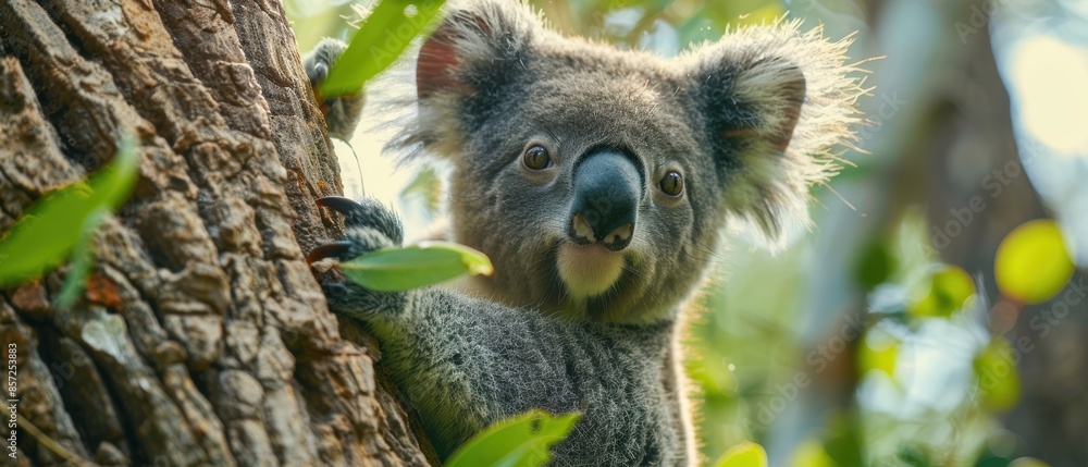 Fototapeta premium Closeup of a koala in a eucalyptus tree,