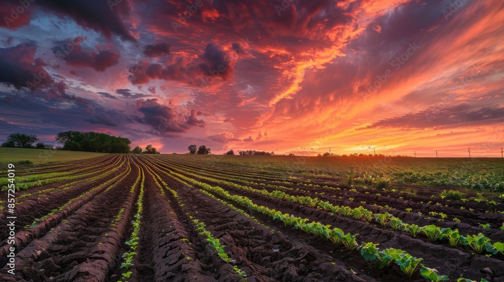 A rural farm landscape with rows of crops under a colorful sunrise sky, promising a new day's growth. A rural farm landscape with rows of crops under a colorful sunrise sky, promising a new day's growth.