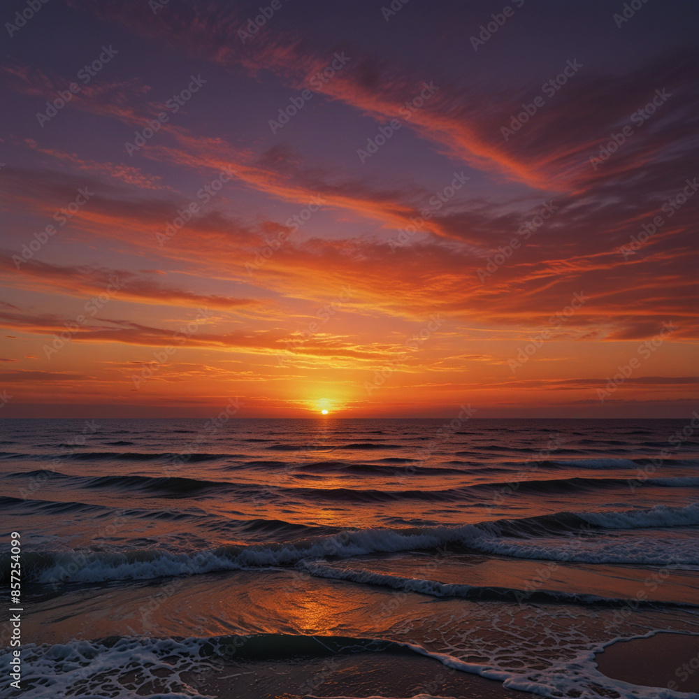 Ocean view at sunset, with gentle waves lapping at the shore and the sky ablaze with shades of orange, pink, and purple. Ocean view at sunset, with gentle waves lapping at the shore and the sky ablaze with shades of orange, pink, and purple.