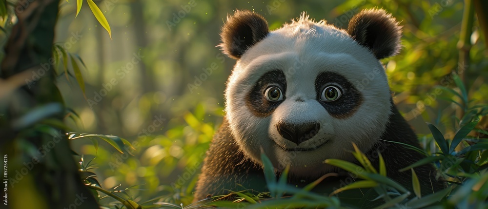 Closeup of a panda in a bamboo forest, Closeup of a panda in a bamboo forest,