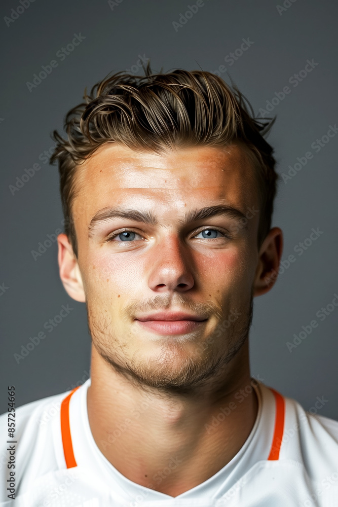 Fototapeta premium Portrait Dutch style football player in white orange tshirt.