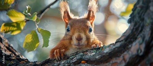 Closeup of a red squirrel in a tree, 8k UHD photo