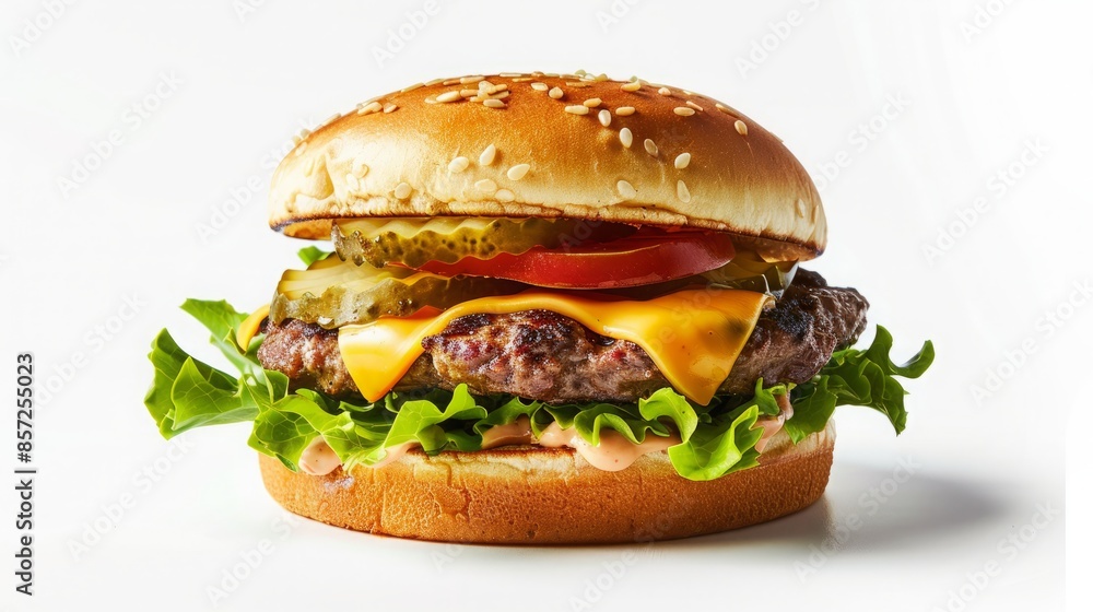 Delicious Burger with Lettuce, Tomato, Cheese, and Pickles on White Background