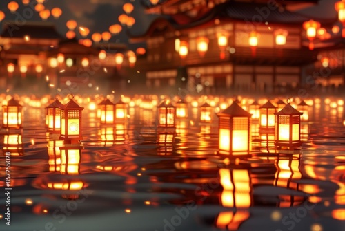 Vibrant Obon festival scene with glowing lanterns floating on water, traditional Japanese architecture in the background