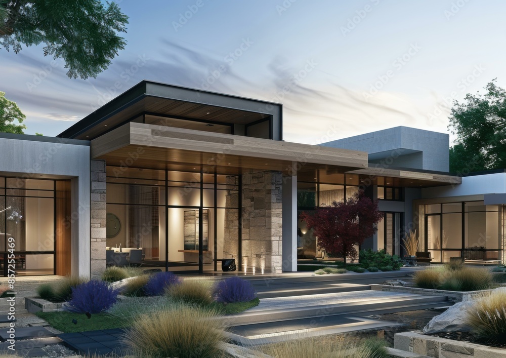 Modern house with large windows and a beautiful garden. AI. Modern house with large windows and a beautiful garden. AI.