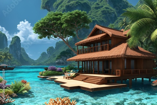 Tropical overwater villa with coral reef photo