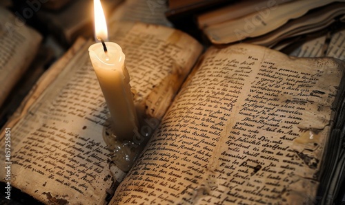 A single candle flame illuminates an open book, casting a warm glow over the fragile pages. AI.