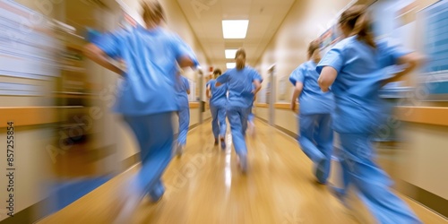 Blurred motion of a team of doctors and nurses running through a hospital hallway. AI.