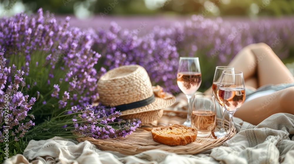 Picnic blanket with wine glasses at a lavender field in France during summer. Picnic blanket with wine glasses at a lavender field in France during summer.
