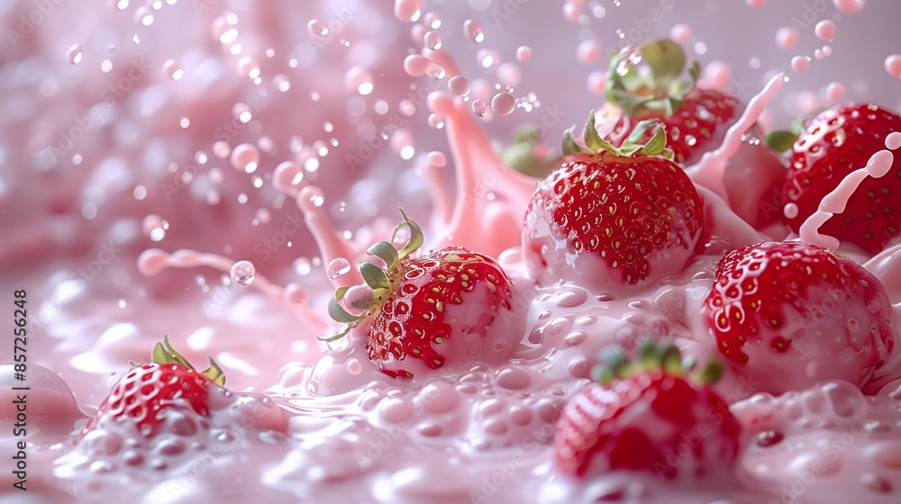 Fresh Strawberries Splashing Into Pink Milk Fresh Strawberries Splashing Into Pink Milk