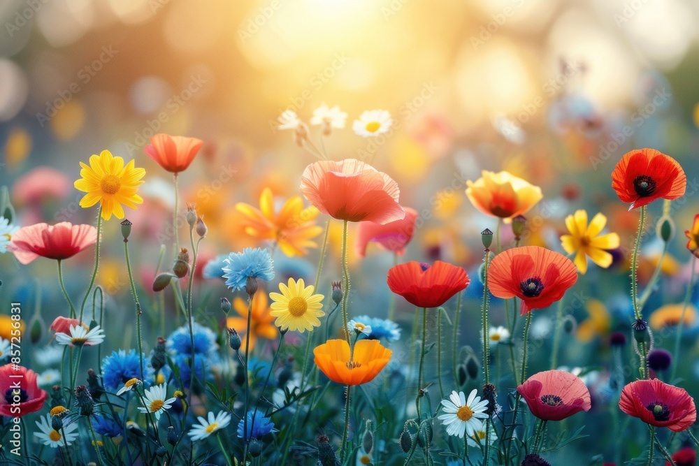 A field of colorful wildflowers basks in the warm glow of the setting sun A field of colorful wildflowers basks in the warm glow of the setting sun