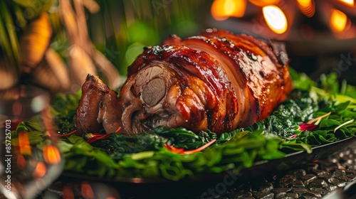 The cuisine of French Polynesia. A whole suckling pig with spinach 