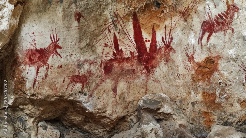 Prehistoric rock painting on ancient cave wall by caveman.