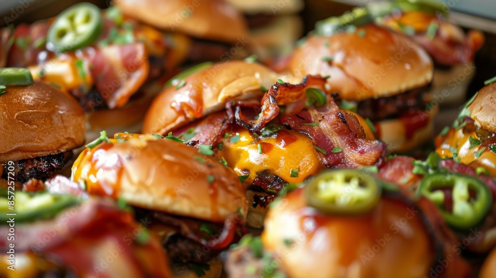 A tray of mini sliders with different toppings, including bacon and pepper jack cheese. A tray of mini sliders with different toppings, including bacon and pepper jack cheese.