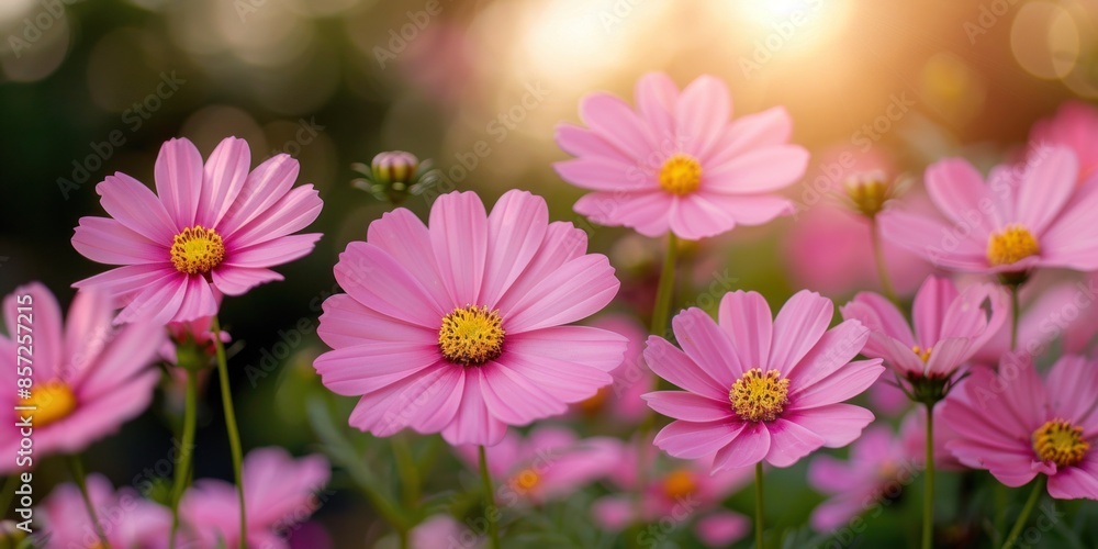 A close-up view of pink cosmos flowers in a meadow bathed in the warm light of golden hour A close-up view of pink cosmos flowers in a meadow bathed in the warm light of golden hour