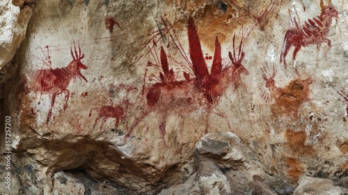 Obraz na płótnie Prehistoric rock painting on ancient cave wall by caveman. w salonie