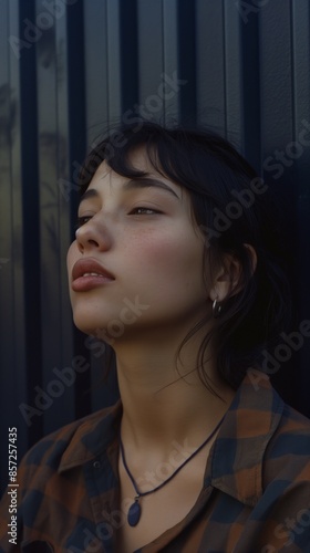 A woman looks up with a soft expression, wearing a plaid shirt