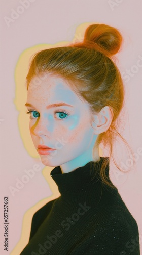 Wallpaper Mural Young woman with red hair and black turtleneck poses on pink-yellow background Torontodigital.ca