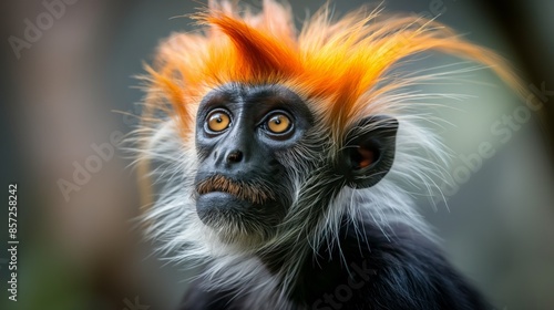 Close-up of a primate with vibrant orange fur and expressive eyes, set against a blurred background. © YURY YUTY