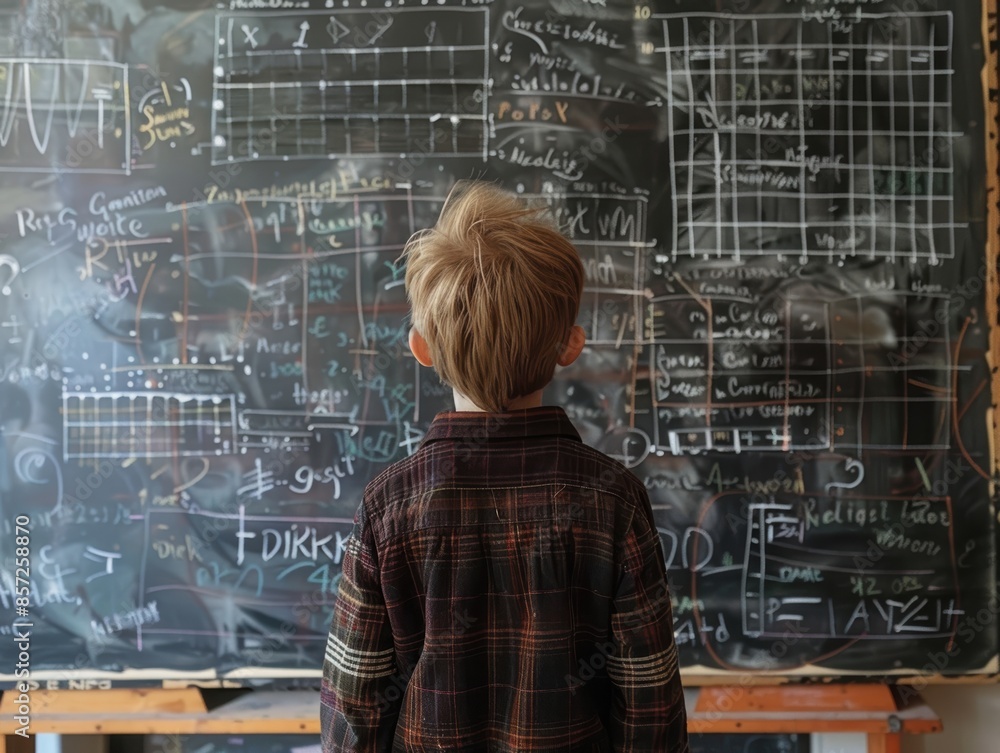 A child in front of a blackboard with mathematical calculations A child in front of a blackboard with mathematical calculations
