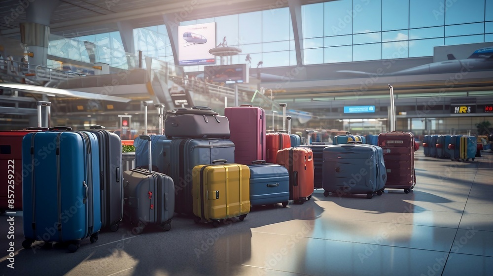 Assorted Suitcases in Modern Airport Awaiting Travelers. Generative AI Assorted Suitcases in Modern Airport Awaiting Travelers. Generative AI